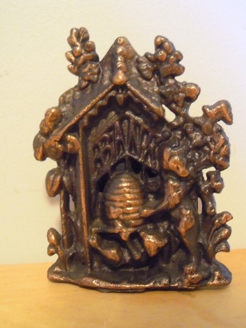 Vintage Cast Iron Still Money Bank Bear & Beehive Copper Wash